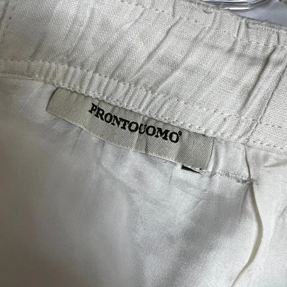 Prontouomo Linen Men's Pants White Drawstring Waist Spring Summer